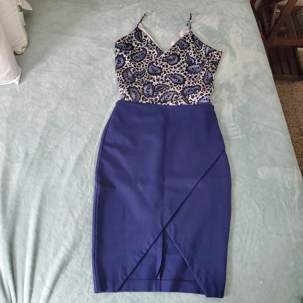 Express Blue Paisley Print Top Navy Pencil Skirt Dress